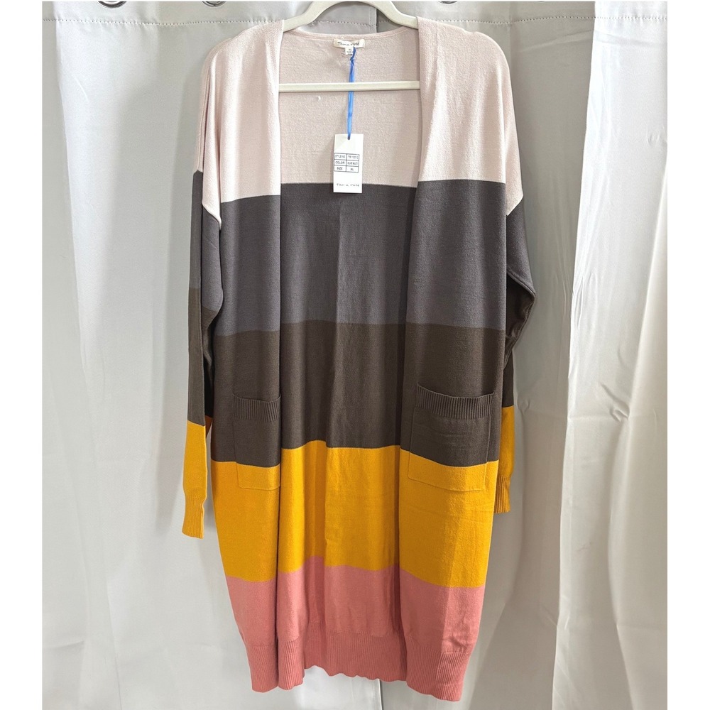 Tea n Rose Womens Cardigan XL Colorblock Longline Open Front Boho Earthy 21181